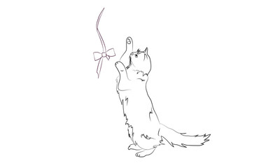 cute cartoon cat playing with bow. 