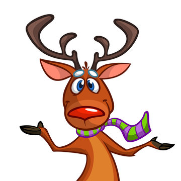 Happy cartoon Christmas Rudolph Reindeer pointing hand. Vector illustration of Christmas character