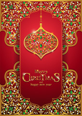 Christmas Greeting and New Years card templates with gold patterned and crystals on background color.
