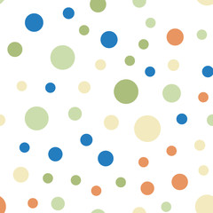 Colorful polka dots seamless pattern on white 6 background. Appealing classic colorful polka dots textile pattern. Seamless scattered confetti fall chaotic decor. Abstract vector illustration.