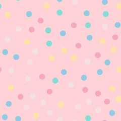 Colorful polka dots seamless pattern on bright 9 background. Divine classic colorful polka dots textile pattern. Seamless scattered confetti fall chaotic decor. Abstract vector illustration.