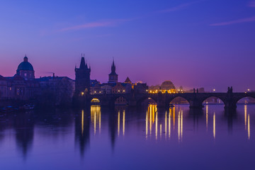 Obraz na płótnie Canvas Beautiful morning in Prague. Charles Bridge and Vltava River at dawn 