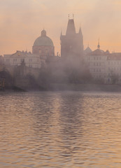 Beautiful morning in Prague. Charles Bridge and    Vltava River at dawn 