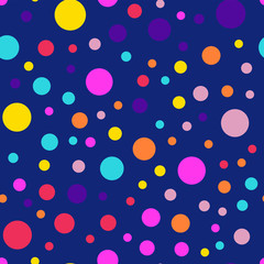 Memphis style polka dots seamless pattern on dark blue background. Fair modern memphis polka dots creative pattern. Bright scattered confetti fall chaotic decor. Vector illustration.