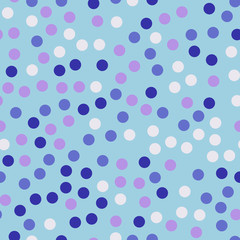 Colorful polka dots seamless pattern on bright 27 background. Incredible classic colorful polka dots textile pattern. Seamless scattered confetti fall chaotic decor. Abstract vector illustration.