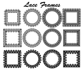 Set of lace frames of different shapes. Black vintage elements isolated on white background.