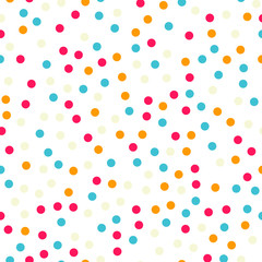 Colorful polka dots seamless pattern on white 18 background. Brilliant classic colorful polka dots textile pattern. Seamless scattered confetti fall chaotic decor. Abstract vector illustration.