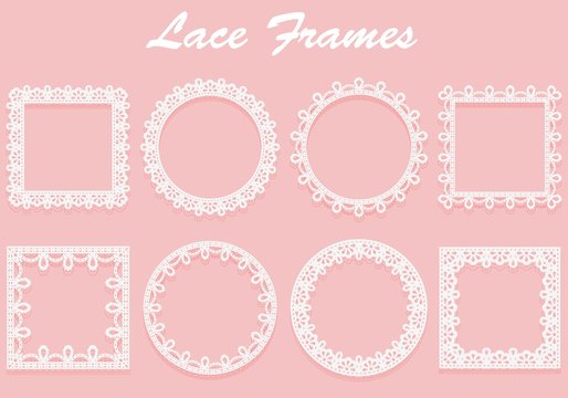 Set of white lace frames of different shapes. Openwork vintage elements isolated on a pink background.