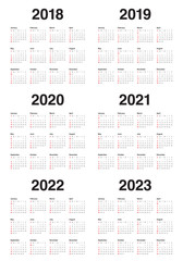 Year 2018 2019 2020 2021 2022 2023 calendar vector