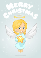 Cute happy cartoon girl angel character with white wings flying. Vector cartoon illustration isolated