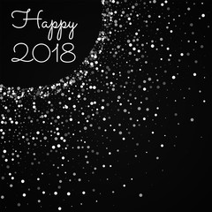 Happy 2018 greeting card. Random falling white dots background. Random falling white dots on black background. Charming vector illustration.