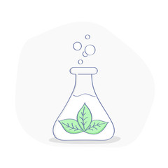 Green leaves in the flask. Green technology, industry, or preparation of a medicine. Flat outline vector illustration in modern design style.