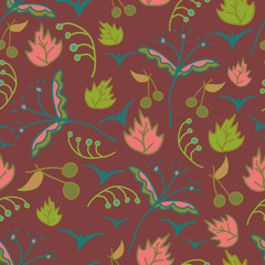 Seamless pattern with abstract flowers and seagulls.