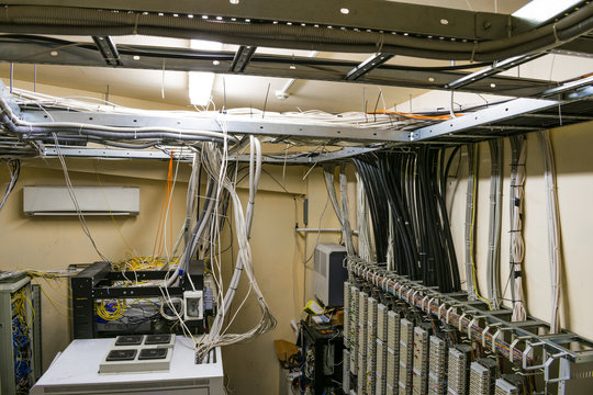 Many Wires Are Located In The Server Room. Technical Room View From Above