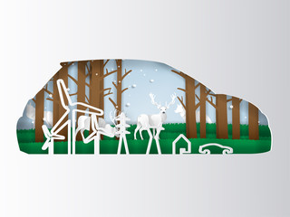 illustration vector concept of eco car eco world and nature environment, paper art and craft style design concept of ecological world