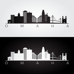 Omaha usa skyline and landmarks silhouette, black and white design, vector illustration.