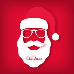 Christmas card, Santa Claus wearing glasses. Paper art style. Vector illustration.