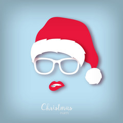 Girl Santa with red lips. Paper art style. Christmas party.