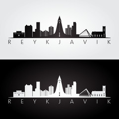 Reykjavik skyline and landmarks silhouette, black and white design, vector illustration. - obrazy, fototapety, plakaty