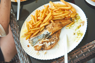 fish and chips on a white plate 