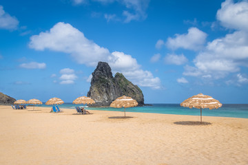Beach Umbrellas at Cacimba do Padre Beach and Morro Dois Irmaos  - Fernando de Noronha, Pernambuco, Brazil