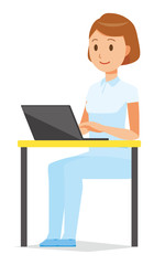 Fototapeta na wymiar A female nurse wearing a white uniform is operating a laptop computer