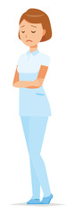 A woman nurse wearing a white uniform is depressed