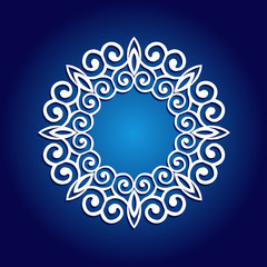 Snowflake for laser cutting. Vector silhouette on blue background. Lacy ornament.