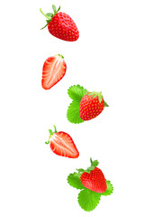 Falling strawberry on white background