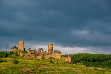 Thurant Castle and vineyards above Moselle river near Alken, Germany.