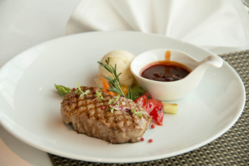  closeup view of a delicious grilled pork steak