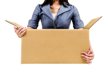 Worker carrying open cardboard box isolate on white background