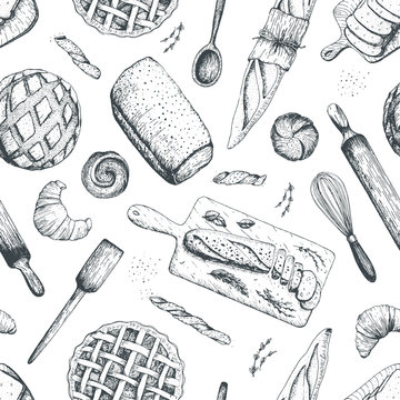 Bakery seamless pattern. Hand drawn food vector illustration. Vintage background with bread, toast, pie, buns aand croissant. Engraved style.