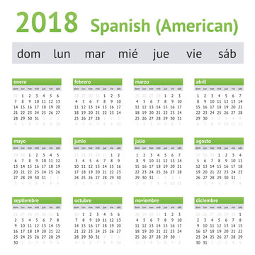 2018 Spanish American Calendar. A week starts on Sunday