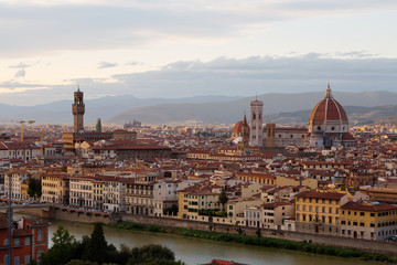 Fototapeta na wymiar Florence, river embankment of Arno and Cathedral of Santa Maria del Fiore