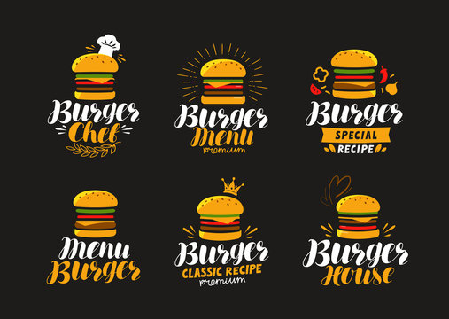 Burger logo or label. Fast food, eating concept. Vector illustration