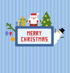 Blue Christmas card with cute Santa Claus, snowman, Christmas tree and presents. Vector illustration
