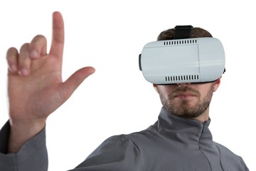 Man gesturing while using virtual reality headset