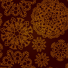 Seamless abstract dark red pattern with gold snowflakes. Vector illustration