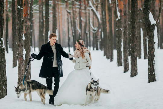 Cute couple walks on the trail in the snowy forest with two siberian dogs. Winter wedding. Artwork