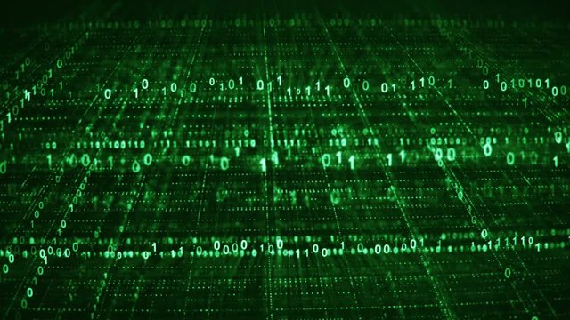 Dolly shot of green binary code grid. Information technology concept. Computer generated seamless loop animation 4k (4096x2304)
