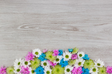 Garden flowers composition on white wooden table with copy space.