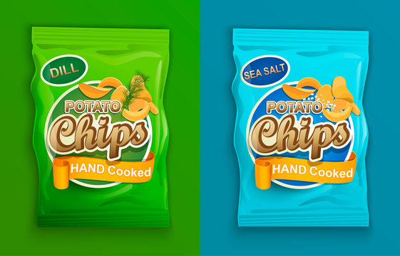 Set of two packaging with chips, with dill and with sea salt. Vector illustration.