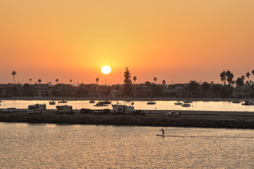 Golden sunset over Mission Bay campground and MIssion Beach in San Diego