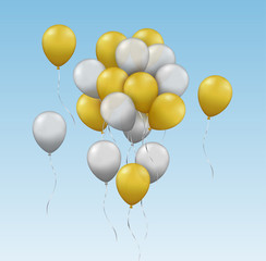 Vector realistic group of gold and silver balloons flying in the blue sky