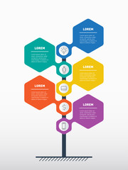 Vertical Timeline infographics. Time line of tendencies and trends graph. The development and growth of the business. Business concept with 5 options, parts, steps or processes. Road sign or pointer.
