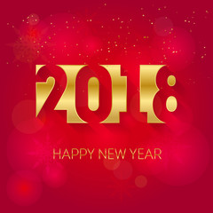 Happy new year 2018, gold and red colors, background with snowflakes and flare. Vector illustration.
