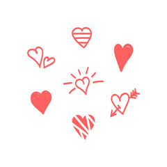 Cute cartoon doodle, hand drawn red hearts isolated on white background.