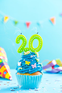 Twentieth 20th birthday cupcake with candle blow out.Card mockup.