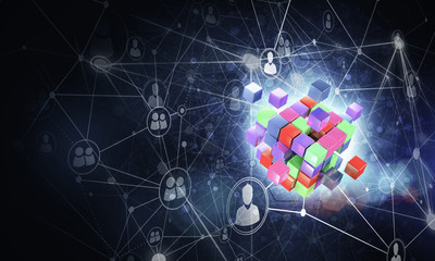 Concept of Internet and networking with digital cube figure on d